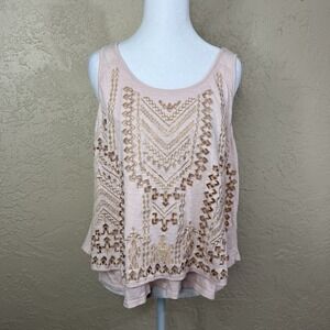 Democracy Tank Top Womens L Pink Embroidered Cottagecore Boho Festival Peasant